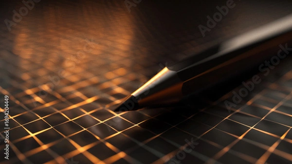 Fototapeta A sharp black pencil rests on a blueprint grid background, symbolizing creativity, precision, and design, representing the foundation of ideas, architecture, and artistic expression through simplicity
