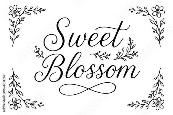 Obraz Sweet Blossom thin line calligraphy smooth curves balanced composition clear readable letters consistent style surrounded by delicate floral ornaments and botanical elements centered with.