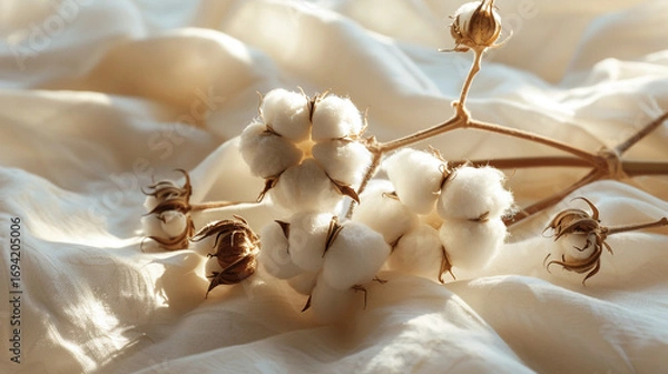 Fototapeta Soft cotton branch resting on smooth fabric with warm natural sunlight, symbolizing purity, comfort, and nature’s elegance, creating a cozy, minimal, and calming atmosphere perfect for organic lifesty