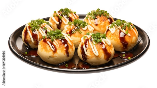 Obraz A plate of takoyaki balls drizzled with sauce and mayonnaise and garnished with green onions on top