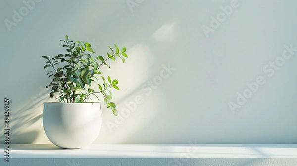 Fototapeta Minimalist indoor plant in a white pot placed against a soft green wall, with natural sunlight casting beautiful shadows, creating a calming, fresh, and modern home decor atmosphere full of serenity.