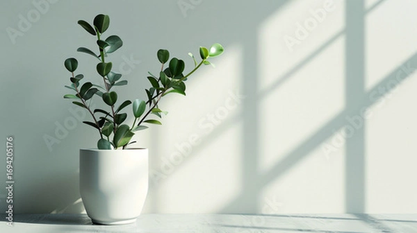 Fototapeta Minimalist indoor plant in a white pot placed against a soft green wall, with natural sunlight casting beautiful shadows, creating a calming, fresh, and modern home decor atmosphere full of serenity.