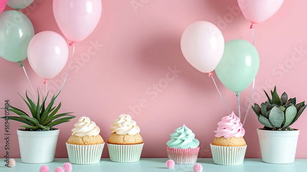 Fototapeta Pastel celebration scene with pink and blue balloons, frosted cupcakes on a white stand, succulents in pots, and delicate decorations, creating a cheerful, modern, and sweet party atmosphere full of c