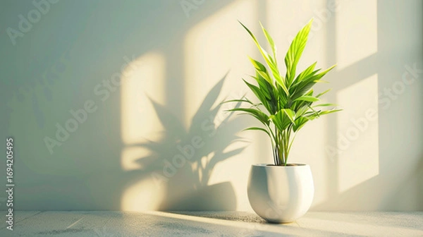 Fototapeta Minimalist indoor plant in a white pot placed against a soft green wall, with natural sunlight casting beautiful shadows, creating a calming, fresh, and modern home decor atmosphere full of serenity.