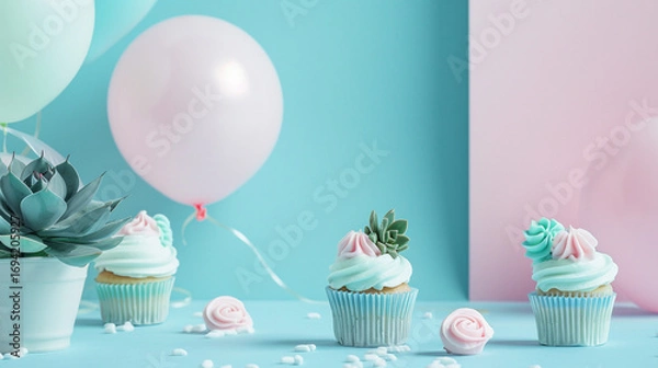 Fototapeta Pastel celebration scene with pink and blue balloons, frosted cupcakes on a white stand, succulents in pots, and delicate decorations, creating a cheerful, modern, and sweet party atmosphere full of c