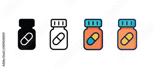Fototapeta Vector icon pharmacy pill bottle same pose same proportions four styles black solid glyph outline minimal flat multicolor filled cartoon flat shaded.