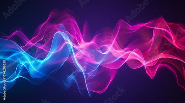 Fototapeta A mesmerizing digital artwork featuring vibrant neon waves of blue, pink, and purple light flowing across a dark background, symbolizing energy, motion, creativity, and the futuristic harmony of techn