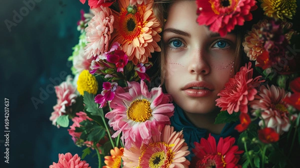 Fototapeta A serene young woman with closed eyes wears an extravagant floral crown, showcasing vibrant blossoms in full bloom, blending nature and art into a poetic, dreamy, and visually captivating portrait of 