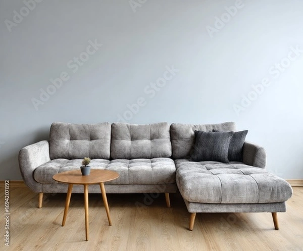 Fototapeta A light gray sectional sofa, complemented by a light wooden coffee table, sits in a modern living room with a neutral color palette.