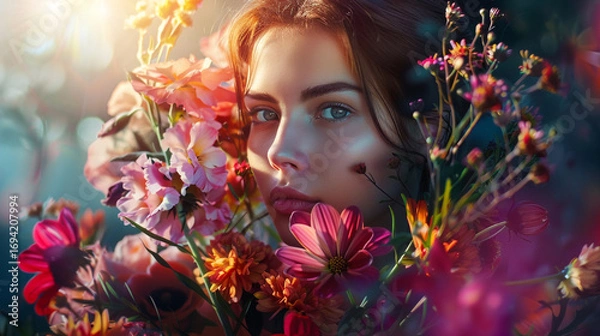 Fototapeta A serene young woman with closed eyes wears an extravagant floral crown, showcasing vibrant blossoms in full bloom, blending nature and art into a poetic, dreamy, and visually captivating portrait of 