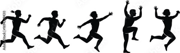 Fototapeta Silhouette vector illustration of people running and jumping in motion, athletic exercise concept, sports training design, active lifestyle, marathon sprint competition graphic