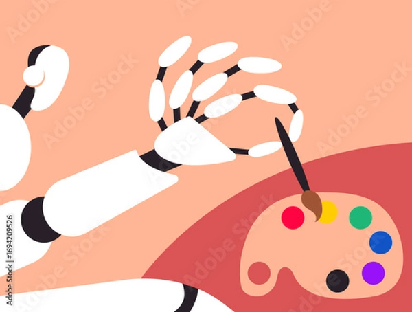 Fototapeta AI Robot Hand Painting with Brush and Palette. Artificial Intelligence in Art and Creativity Concept. Flat Vector Illustration.