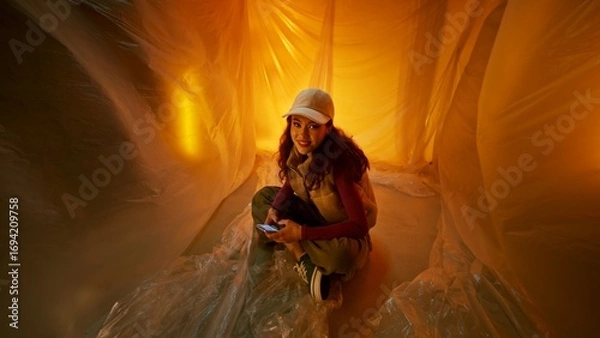 Obraz Exploring an Illuminated Plastic Space: A Young Woman's Unique Experience