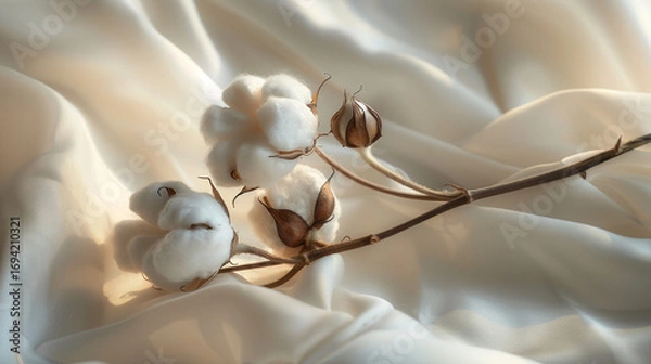 Fototapeta Soft cotton branch resting on smooth fabric with warm natural sunlight, symbolizing purity, comfort, and nature’s elegance, creating a cozy, minimal, and calming atmosphere perfect for organic lifesty
