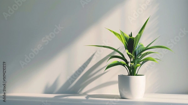 Fototapeta Minimalist indoor plant in a white pot placed against a soft green wall, with natural sunlight casting beautiful shadows, creating a calming, fresh, and modern home decor atmosphere full of serenity.