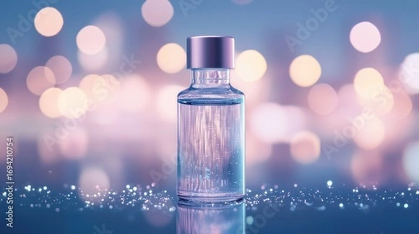 Fototapeta Close-up of a vial containing liquid, with bokeh lights creating a soft background