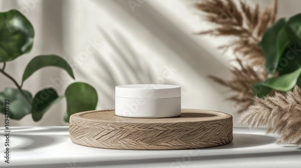 Fototapeta Product Mockup Display on Wooden Podium with Decorative Plants and Shadows