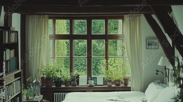 Fototapeta Serene bedroom interior with wooden window framing lush greenery and natural light ambiance