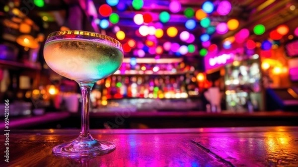 Fototapeta Effervescent champagne coupe on a bar illuminated by the vibrant hues of festive lights