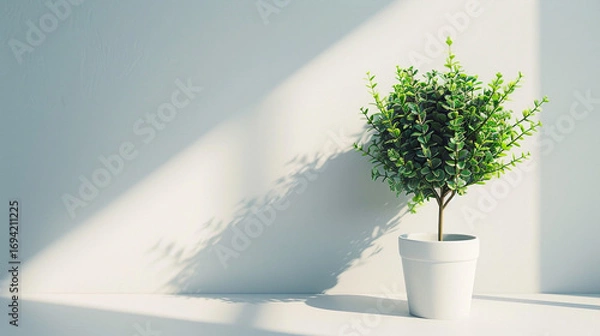 Fototapeta Minimalist indoor plant in a white pot placed against a soft green wall, with natural sunlight casting beautiful shadows, creating a calming, fresh, and modern home decor atmosphere full of serenity.
