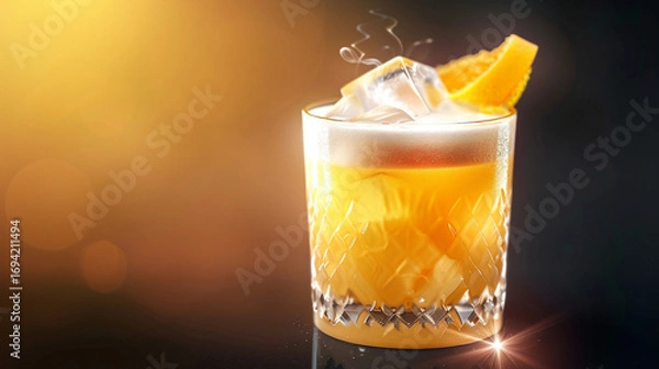 Fototapeta A refreshing iced beverage in a clear glass filled with crushed ice, layered with golden and red hues, topped with a lemon slice, symbolizing coolness, summer delight, and vibrant refreshment.