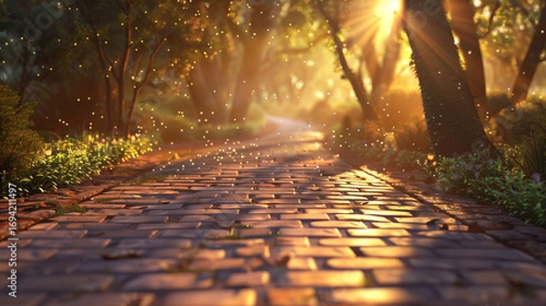 Fototapeta A serene cobblestone pathway through a sunlit forest, glowing with warm golden rays filtering through trees, creating a peaceful, enchanting atmosphere filled with nature’s beauty, tranquility, and ma