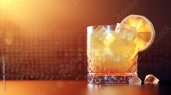 Fototapeta A refreshing iced beverage in a clear glass filled with crushed ice, layered with golden and red hues, topped with a lemon slice, symbolizing coolness, summer delight, and vibrant refreshment.