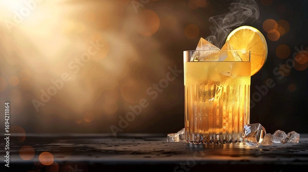 Fototapeta A refreshing iced beverage in a clear glass filled with crushed ice, layered with golden and red hues, topped with a lemon slice, symbolizing coolness, summer delight, and vibrant refreshment.