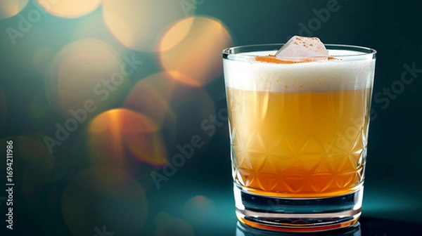 Fototapeta A refreshing iced beverage in a clear glass filled with crushed ice, layered with golden and red hues, topped with a lemon slice, symbolizing coolness, summer delight, and vibrant refreshment.