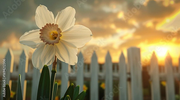 Fototapeta Beautiful white daffodil blooming in front of a rustic white picket fence, illuminated by the golden glow of a breathtaking sunset sky, symbolizing peace, hope, nature’s beauty, and timeless charm.