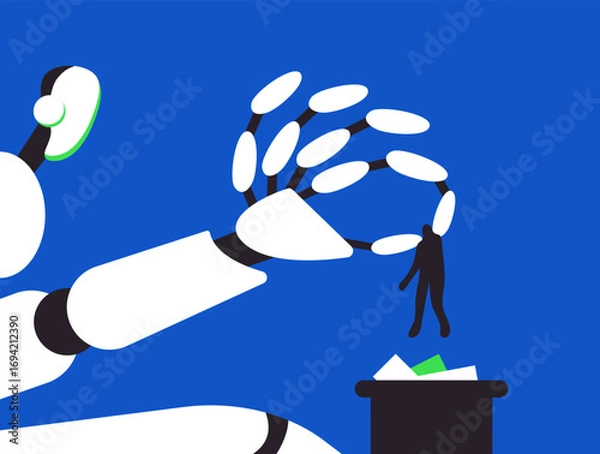 Fototapeta AI Robot Chat Bot arm throwing human to the trash can. Unemployment problem vector illustration.