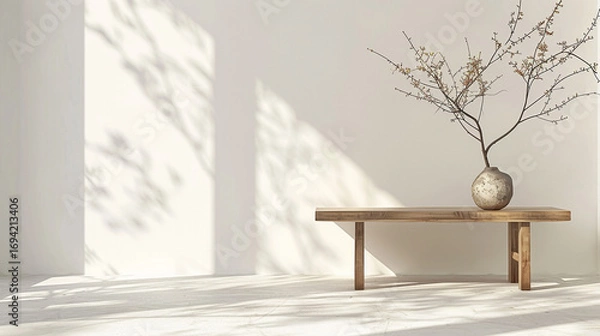Fototapeta Minimalist interior with natural sunlight casting soft shadows on a white wall, featuring a simple wooden bench and ceramic vase with delicate branches, embodying calm, balance, elegance, and serene J