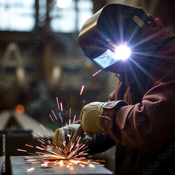 Fototapeta welder is welding metal , industry them bokeh and sparkle background,