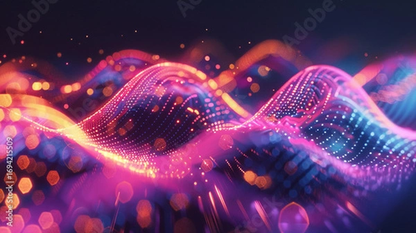 Fototapeta Vibrant neon waves of pink and blue light flow gracefully across a dark background, symbolizing energy, technology, creativity, futuristic design, and the mesmerizing elegance of abstract motion in di
