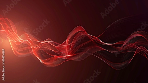 Fototapeta Abstract red waves of glowing energy flowing dynamically across a dark background, symbolizing power, passion, rhythm, creativity, motion, and the captivating beauty of light captured in fluid, ethere