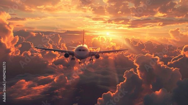 Fototapeta An airplane soaring gracefully above the clouds at sunset, surrounded by glowing golden light, dramatic skies, and breathtaking scenery, symbolizing freedom, adventure, dreams, and the beauty of trave