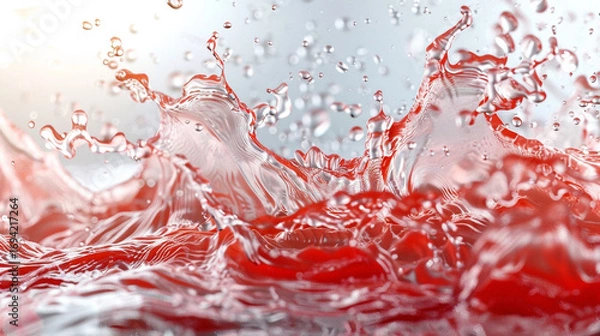 Fototapeta Vivid splash of red liquid colliding with water, creating dramatic waves, droplets, and reflections, symbolizing energy, freshness, creativity, motion, and the captivating elegance of liquid art captu