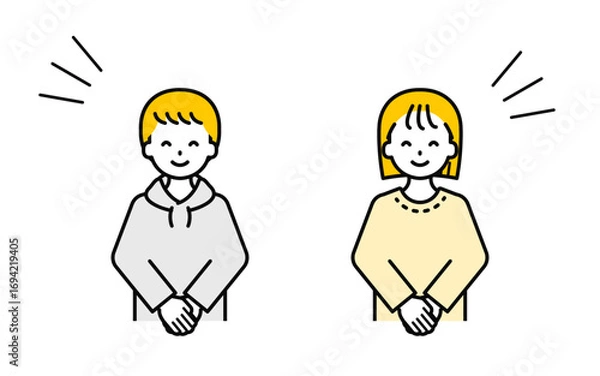 Obraz シンプルな私服のこどもの男女_挨拶