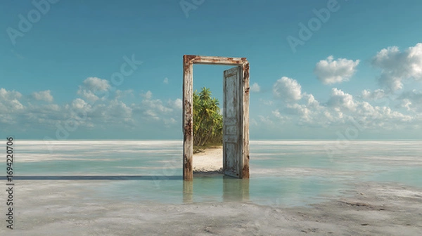 Fototapeta A surreal, dreamlike scene of an open door standing alone in a tranquil sea, revealing a hidden, green oasis. This fantasy concept represents opportunity and new beginnings.
