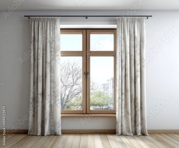 Fototapeta A room with light beige curtains, a light wood window frame, and a view of a light-colored tree outside.