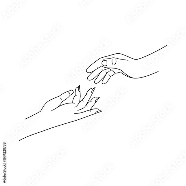Obraz Hand reaches out to hand black line icon. Hands reaching towards each other. Togetherness or partnership. Design for flyer, banner, poster, cover or brochure. Vector illustration flat design.