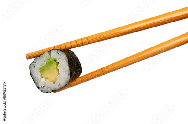 Fototapeta Chopsticks holding avocado maki sushi roll with transparent background