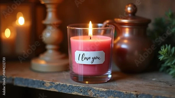 Obraz Pink candle with 'I love you' tag