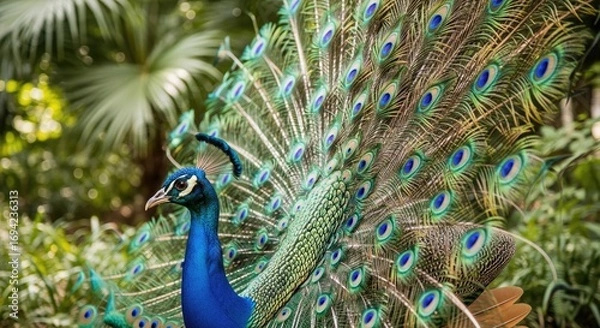 Fototapeta Peacock displaying its vibrant feathers in a lush green environment