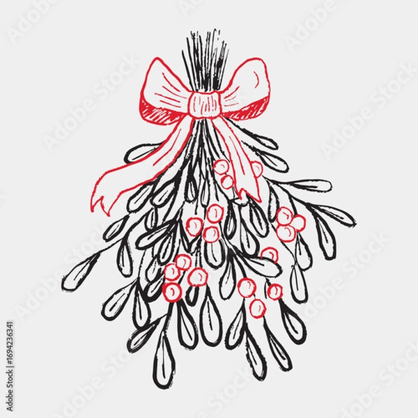 Fototapeta Hand-drawn mistletoe branch with berries and leaves, a classic symbol of Christmas and winter holidays. Vector sketch illustration in crayon vintage style. Print design