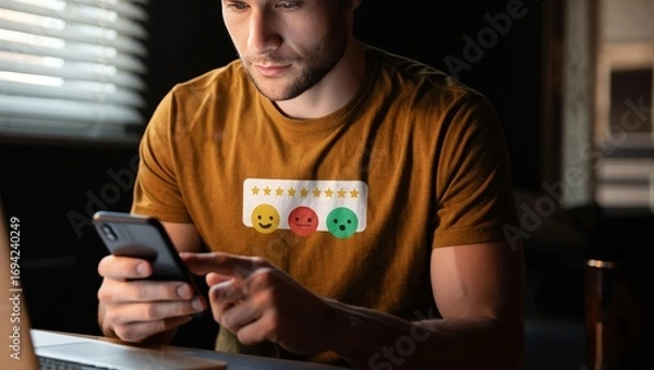 Fototapeta Man using smartphone for online review and rating with customer feedback concept idea