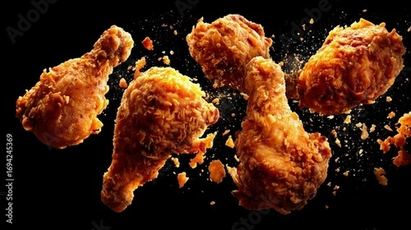 Fototapeta Floating crispy fried chicken pieces scattering in mid-air, lens f1.8, sharp detail, black background, high contrast food photography
