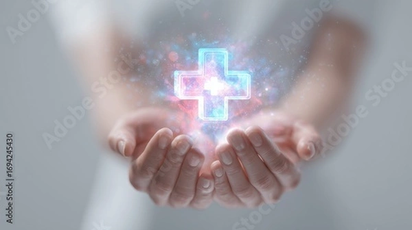 Fototapeta Close-up of a glowing holographic medical cross floating above open hands, clean pastel light, white background, futuristic health concept