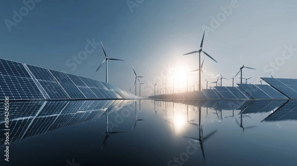 Fototapeta Solar panels and wind turbines in bright clear sky, minimal composition, clean futuristic eco energy concept