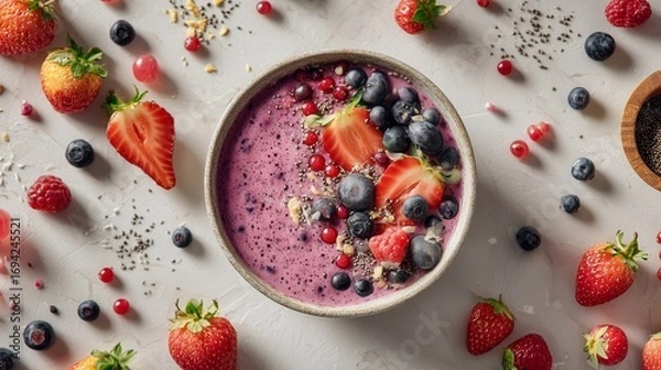 Fototapeta Top-down shot of a colorful smoothie bowl surrounded by fresh berries and ingredients, bright minimalist background, crisp detail
